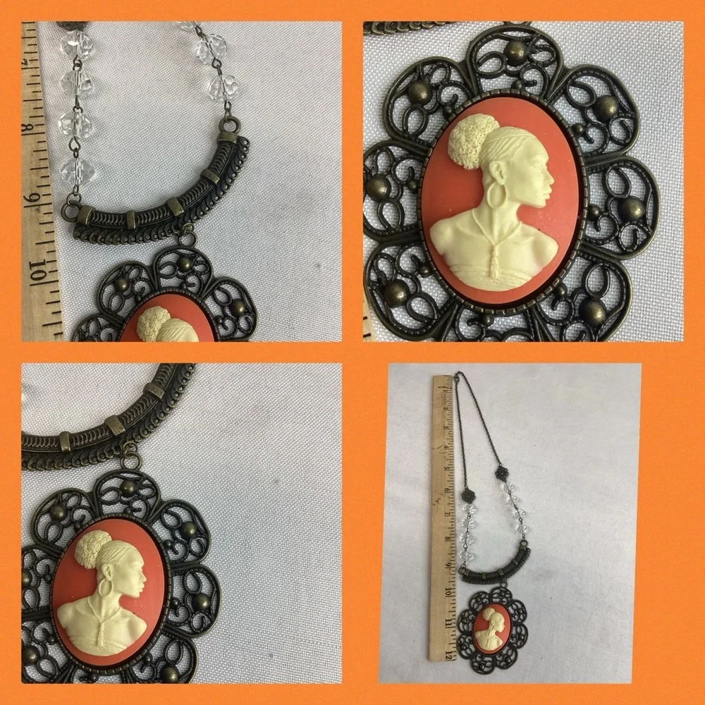 Orange and bronze cameo necklace.